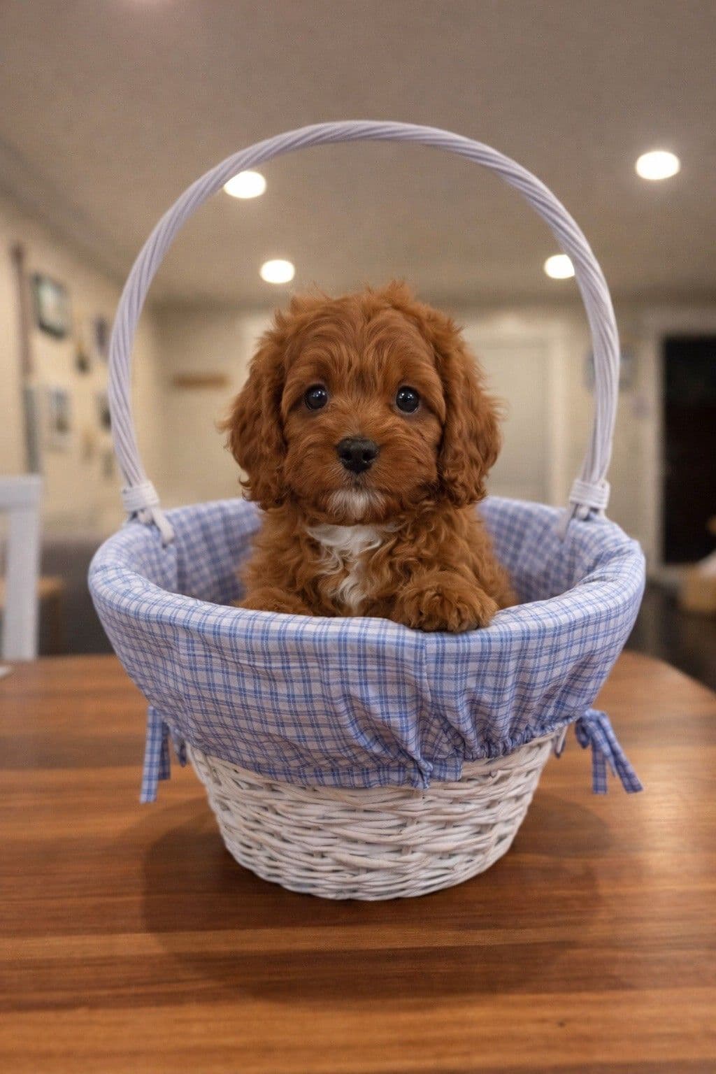 Red Cavapoo puppy sitting in a gingham-lined basket